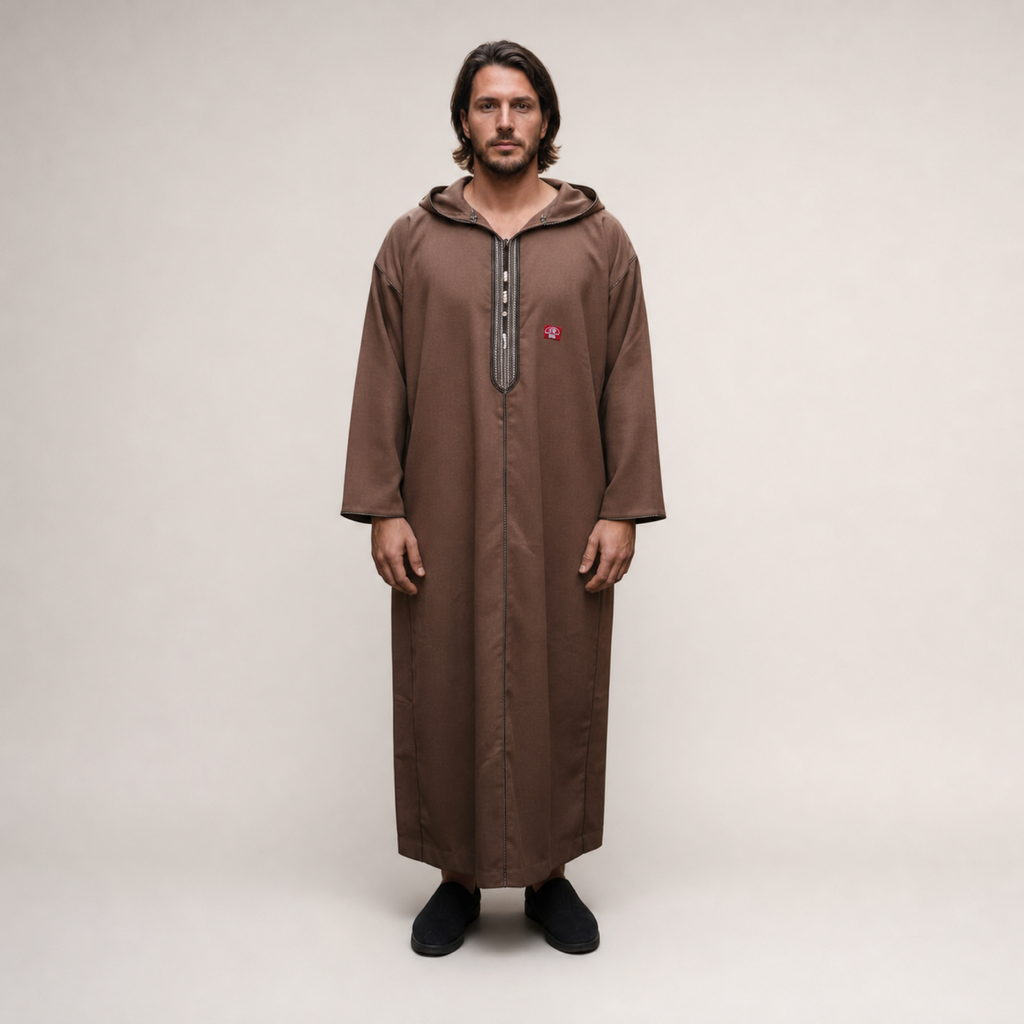 Tetouan Tan Hooded Thobe on model — House Hamlouchi