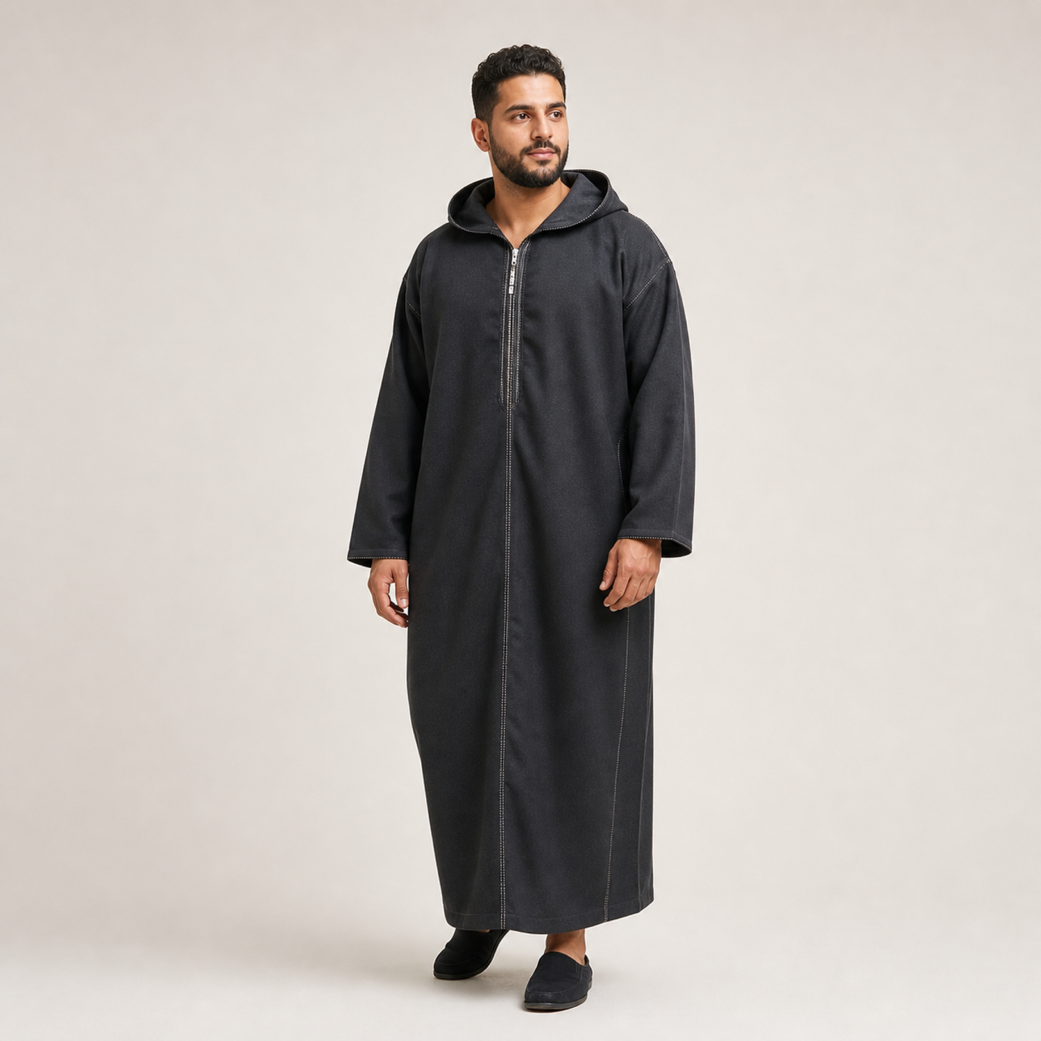 Marrakech Charcoal Hooded Thobe on model — House Hamlouchi