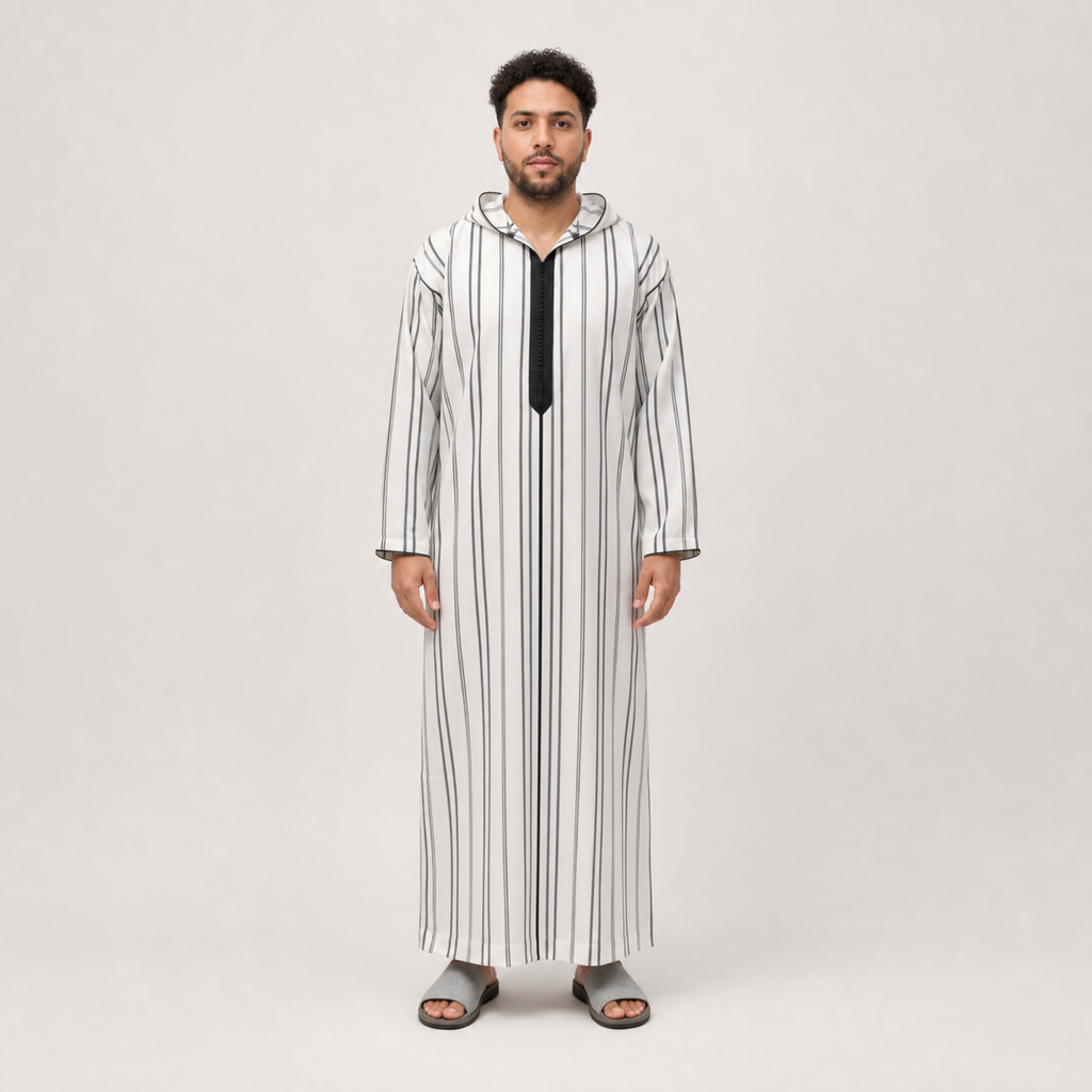 Casablanca Black Striped Hooded Thobe on model — House Hamlouchi