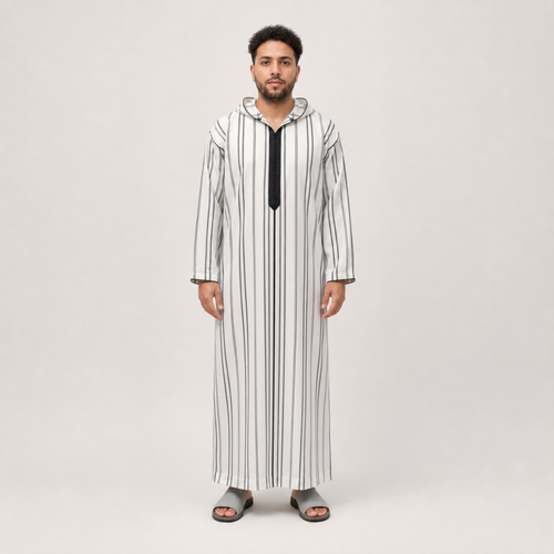 Casablanca Black Striped Hooded Thobe on model — House Hamlouchi