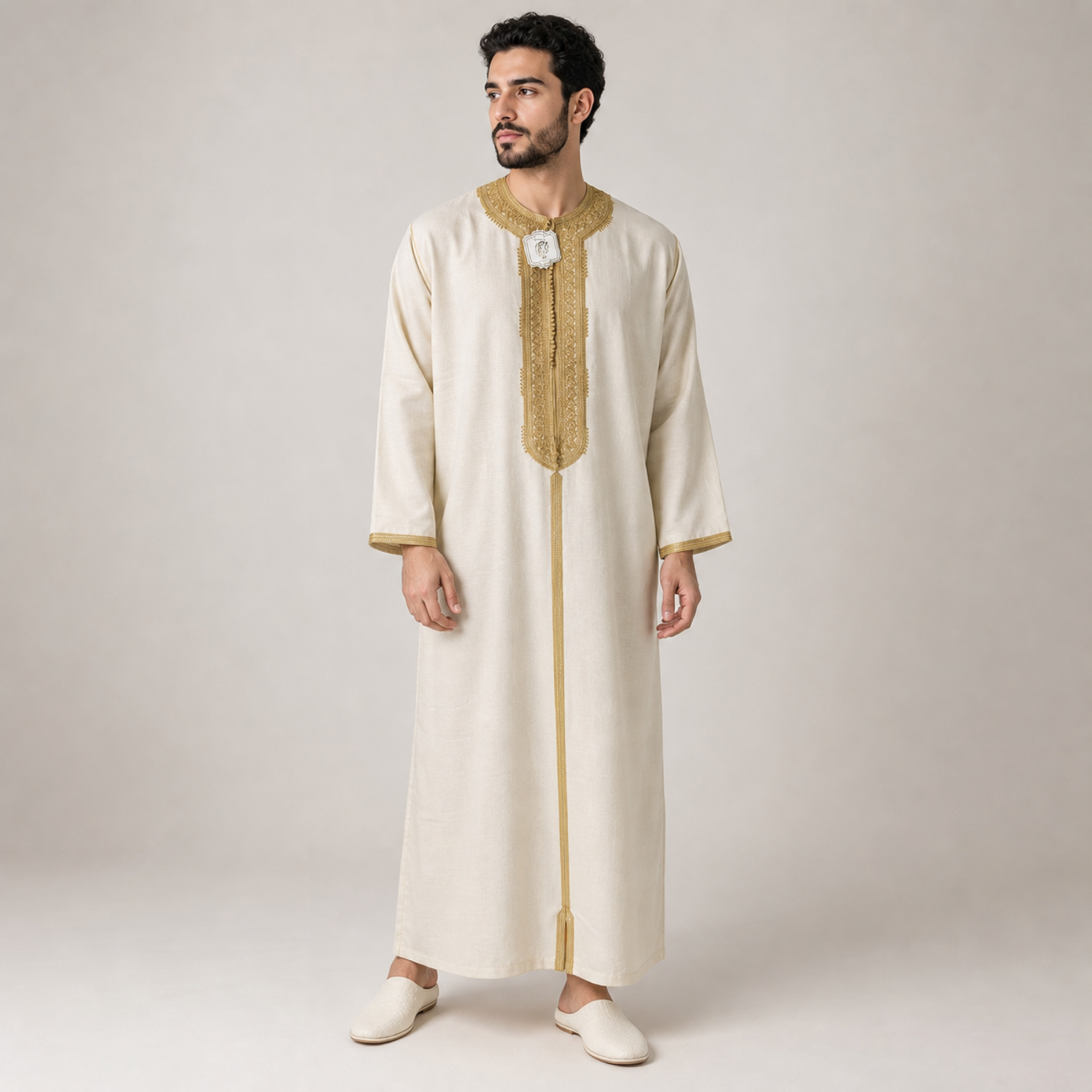 Ivory & Gold Embroidered Moroccan Thobe on model — House Hamlouchi
