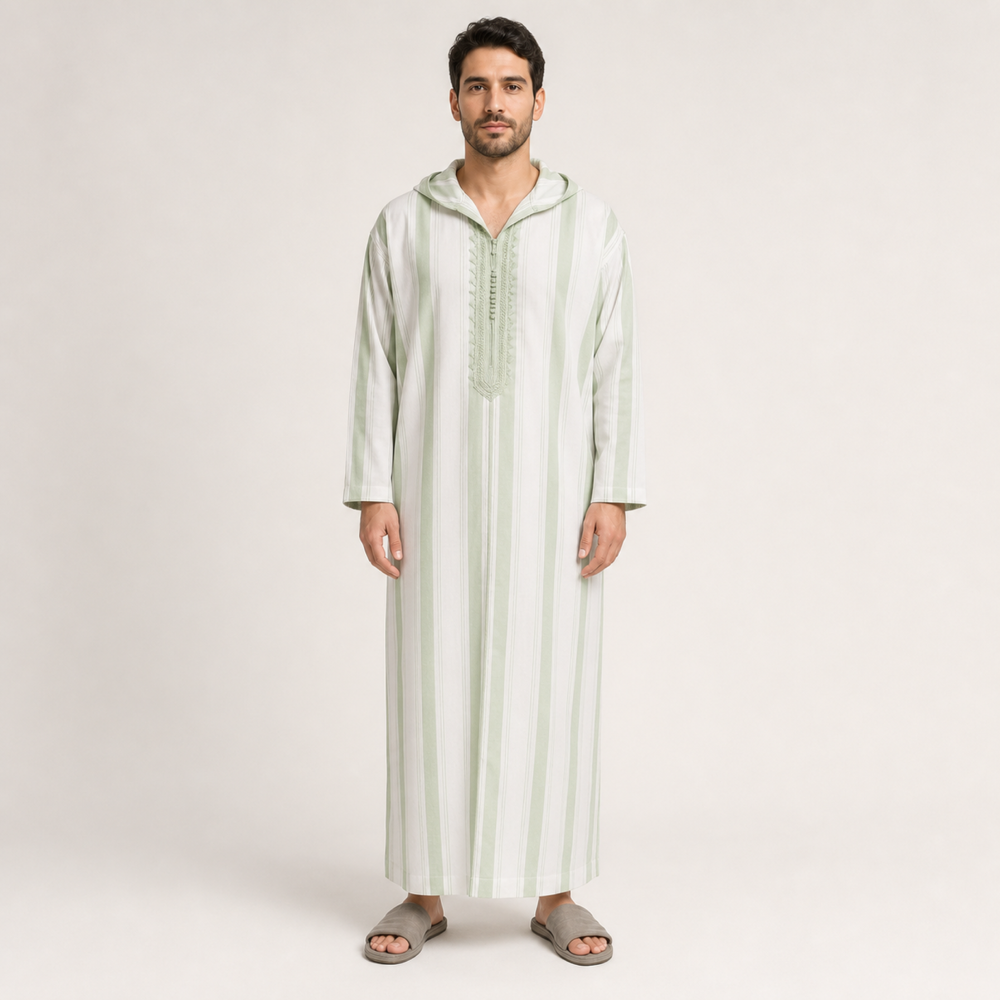 Chefchaouen Sage Striped Hooded Thobe on model — House Hamlouchi