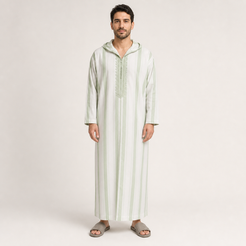 Chefchaouen Sage Striped Hooded Thobe on model — House Hamlouchi