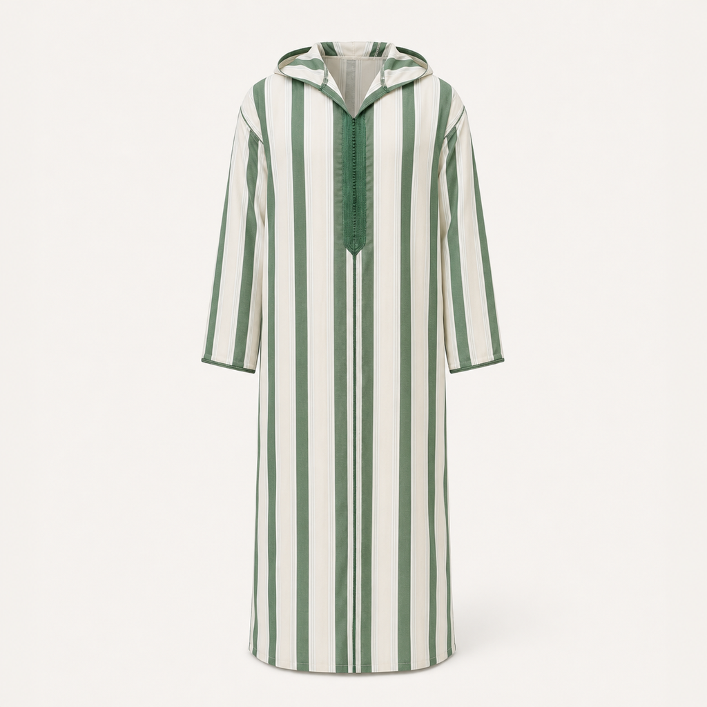 Fès Green Striped Hooded Thobe — House Hamlouchi