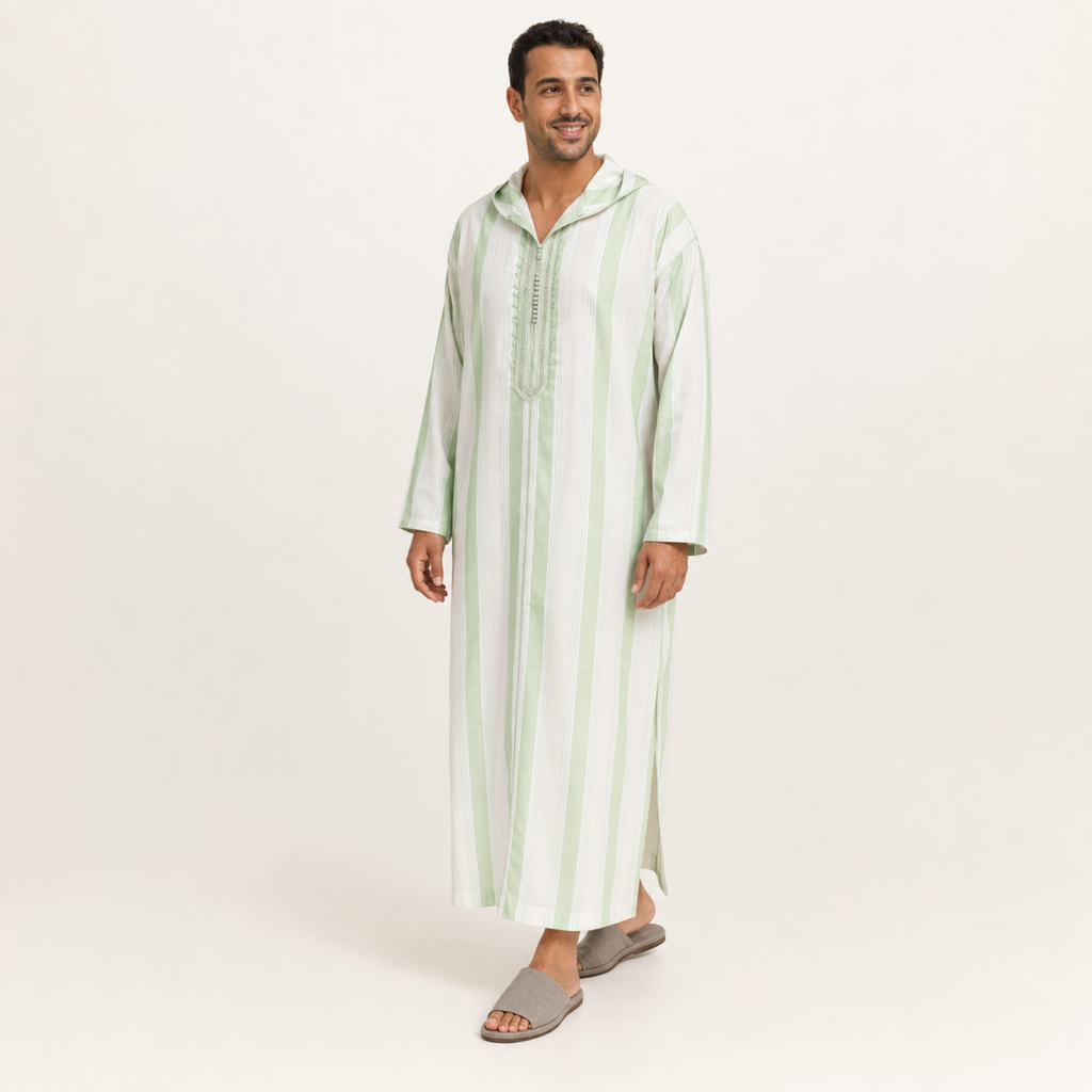 Chefchaouen Sage Striped Hooded Thobe on model — House Hamlouchi