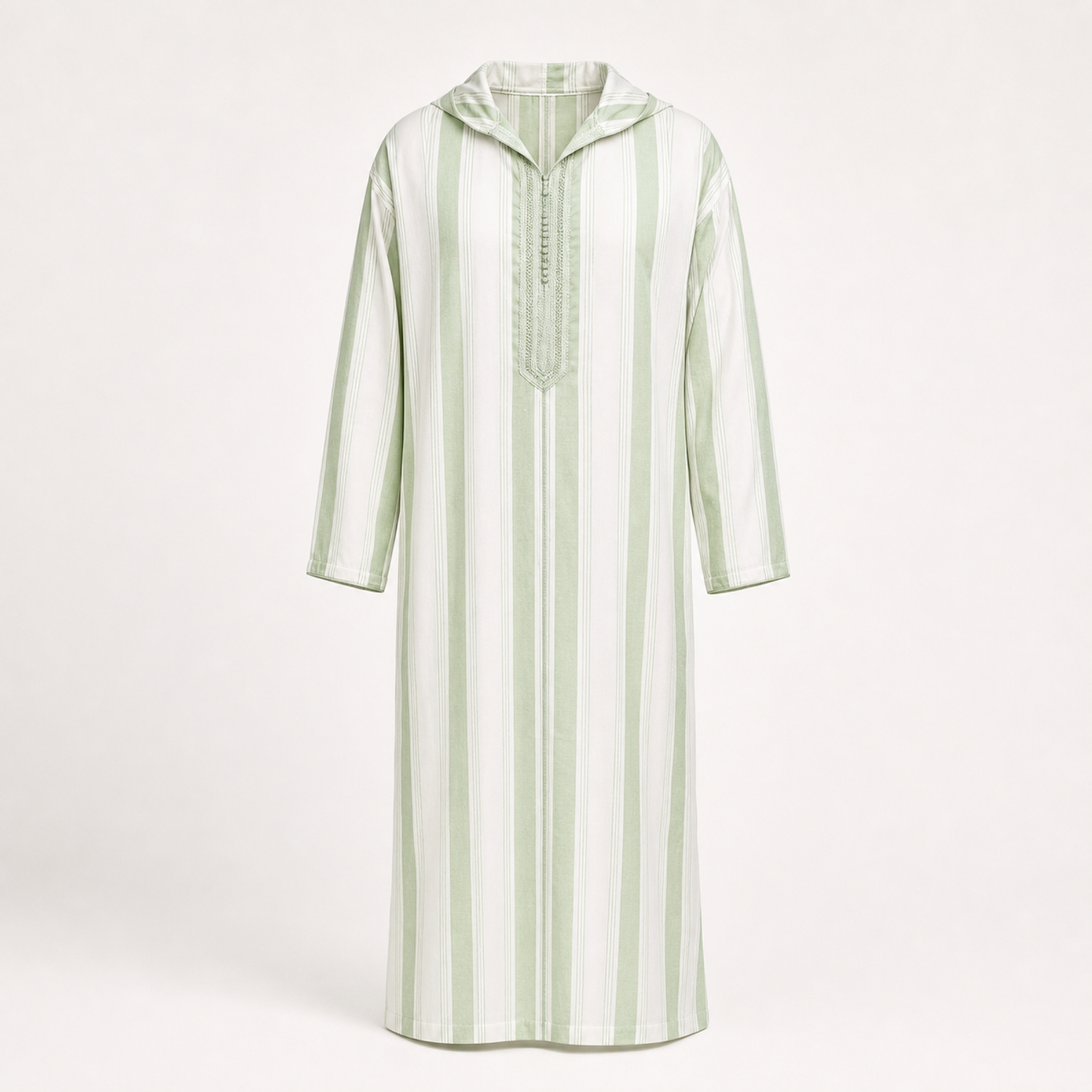 Chefchaouen Sage Striped Hooded Thobe — House Hamlouchi