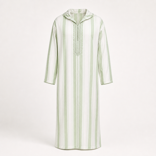 Chefchaouen Sage Striped Hooded Thobe — House Hamlouchi