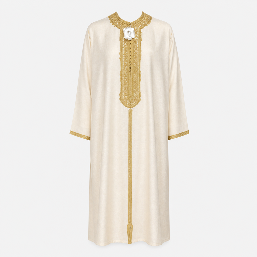 Ivory & Gold Embroidered Moroccan Thobe — House Hamlouchi