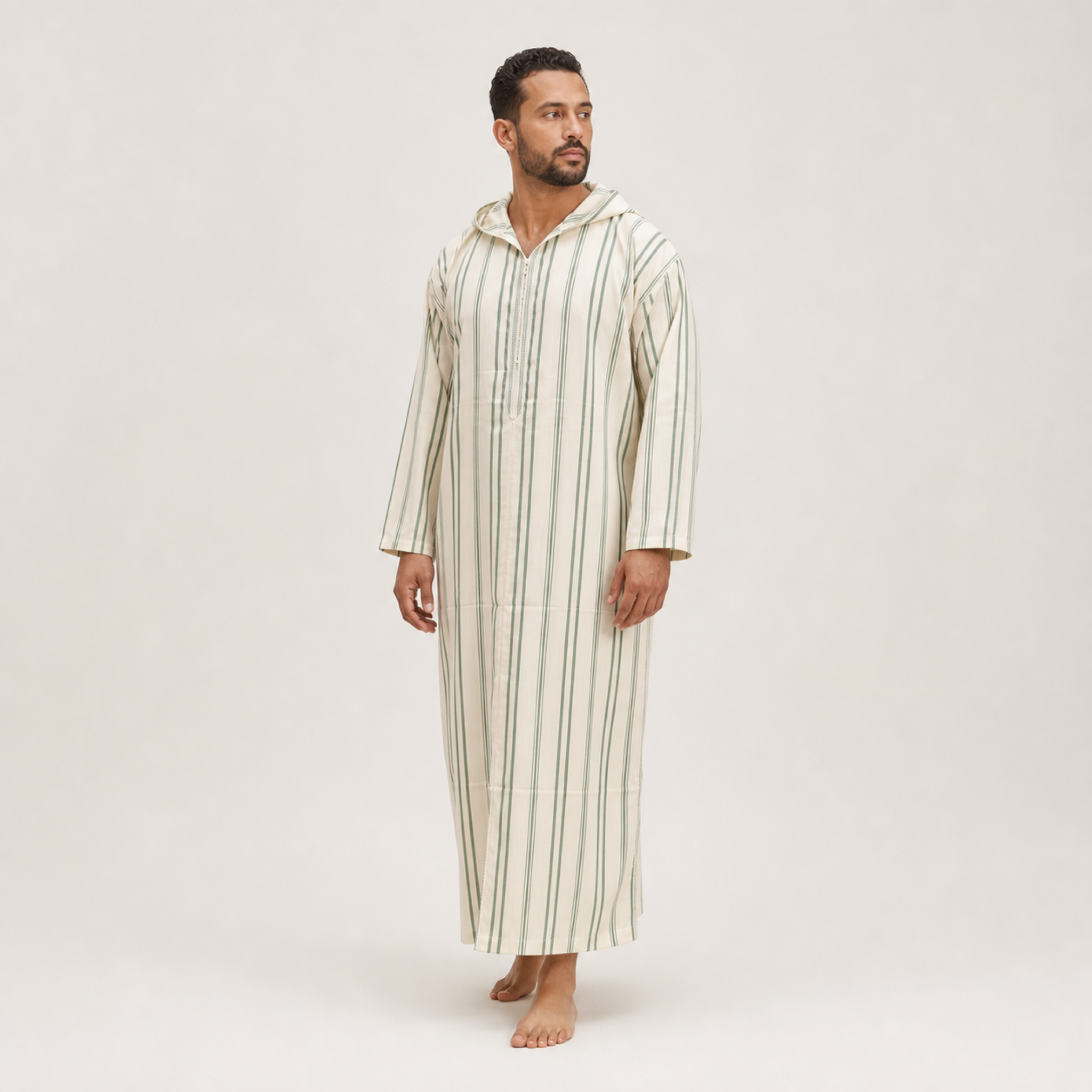 Tangier Ivory Striped Hooded Thobe on model — House Hamlouchi