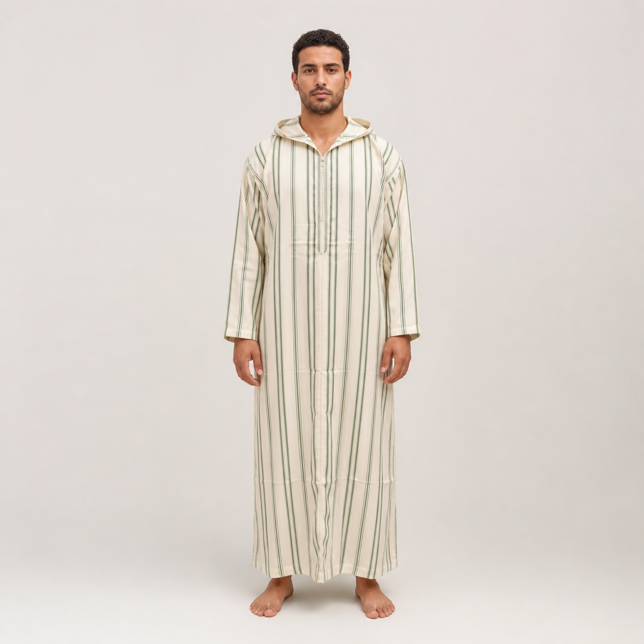 Tangier Ivory Striped Hooded Thobe on model — House Hamlouchi