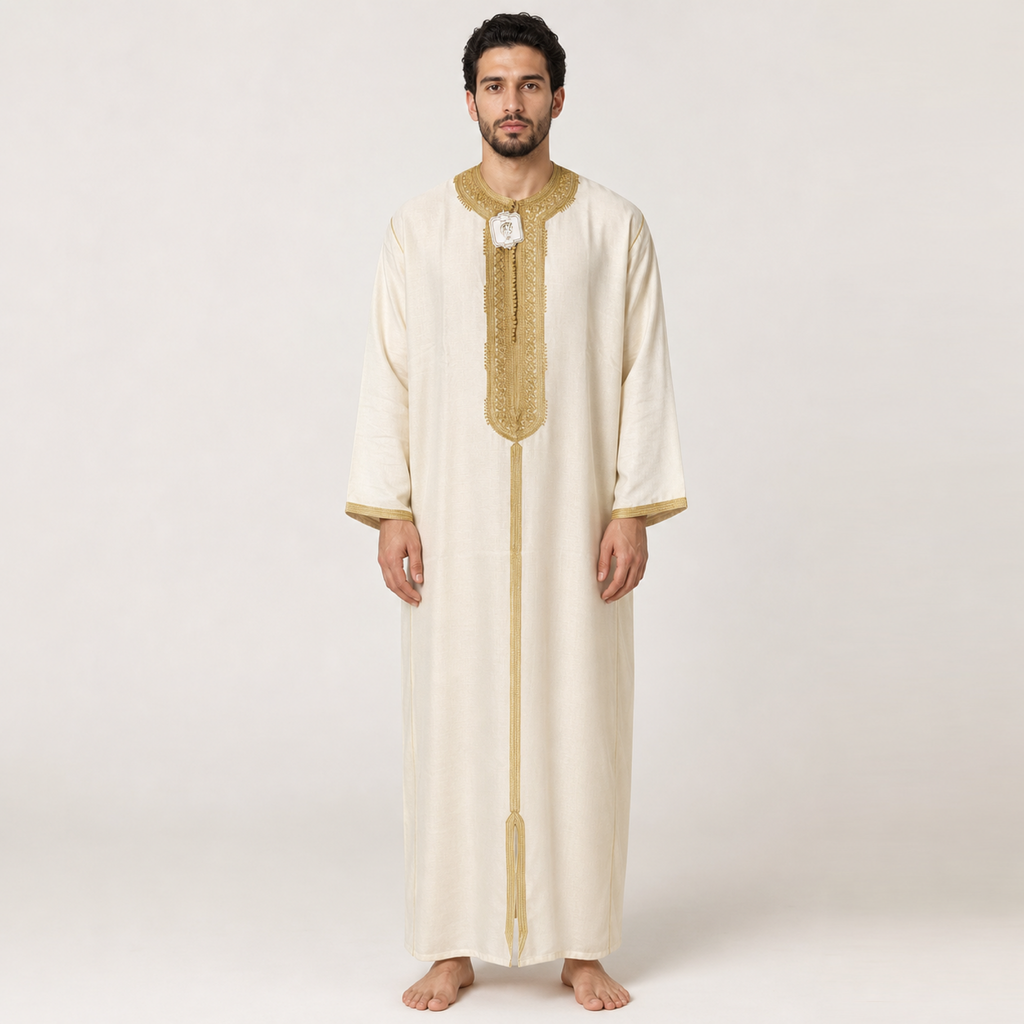 Ivory & Gold Embroidered Moroccan Thobe on model — House Hamlouchi