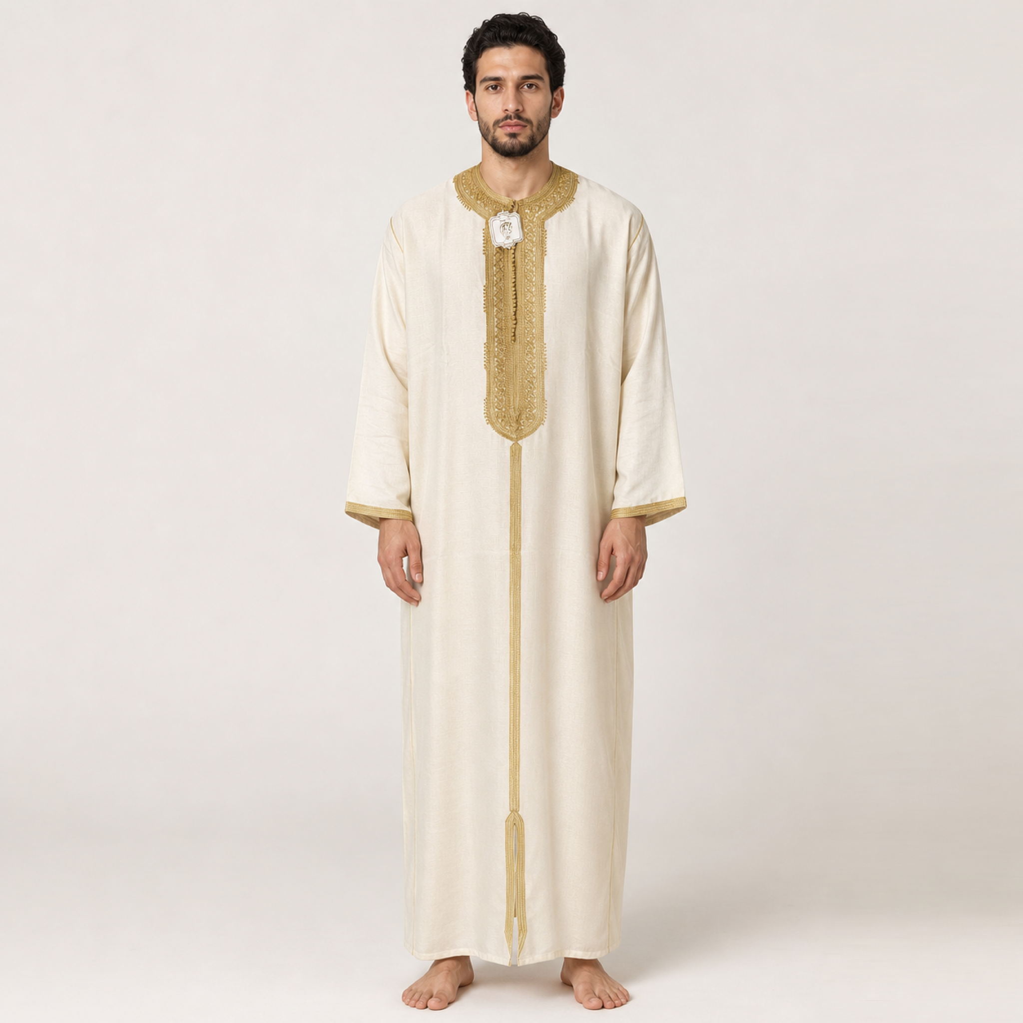 Ivory & Gold Embroidered Moroccan Thobe on model — House Hamlouchi