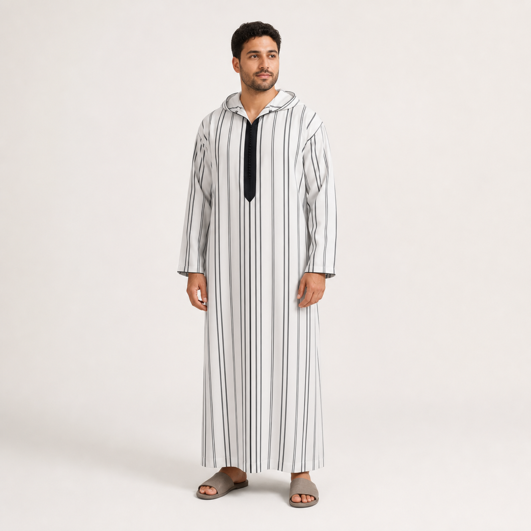 Casablanca Black Striped Hooded Thobe on model — House Hamlouchi