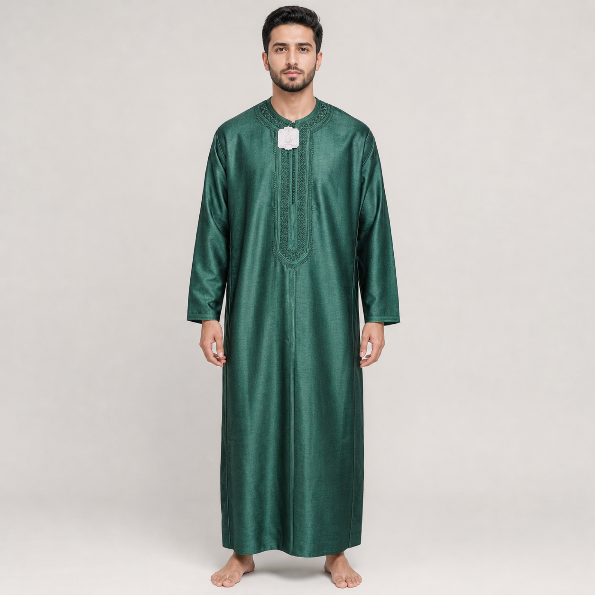 Emerald Embroidered Moroccan Thobe on model — House Hamlouchi