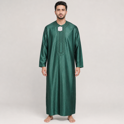 Emerald Embroidered Moroccan Thobe on model — House Hamlouchi