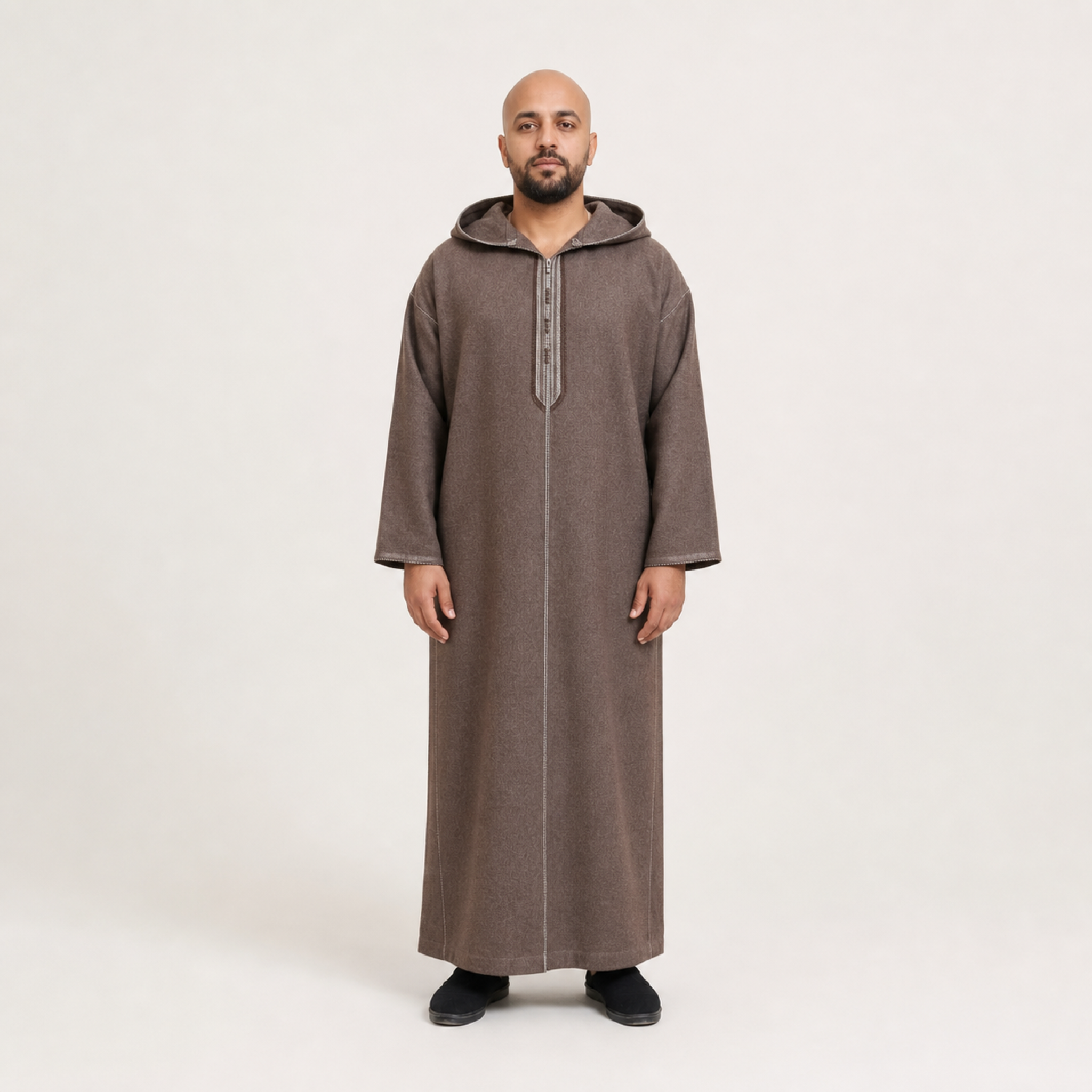 Sahara Cocoa Hooded Thobe on model — House Hamlouchi