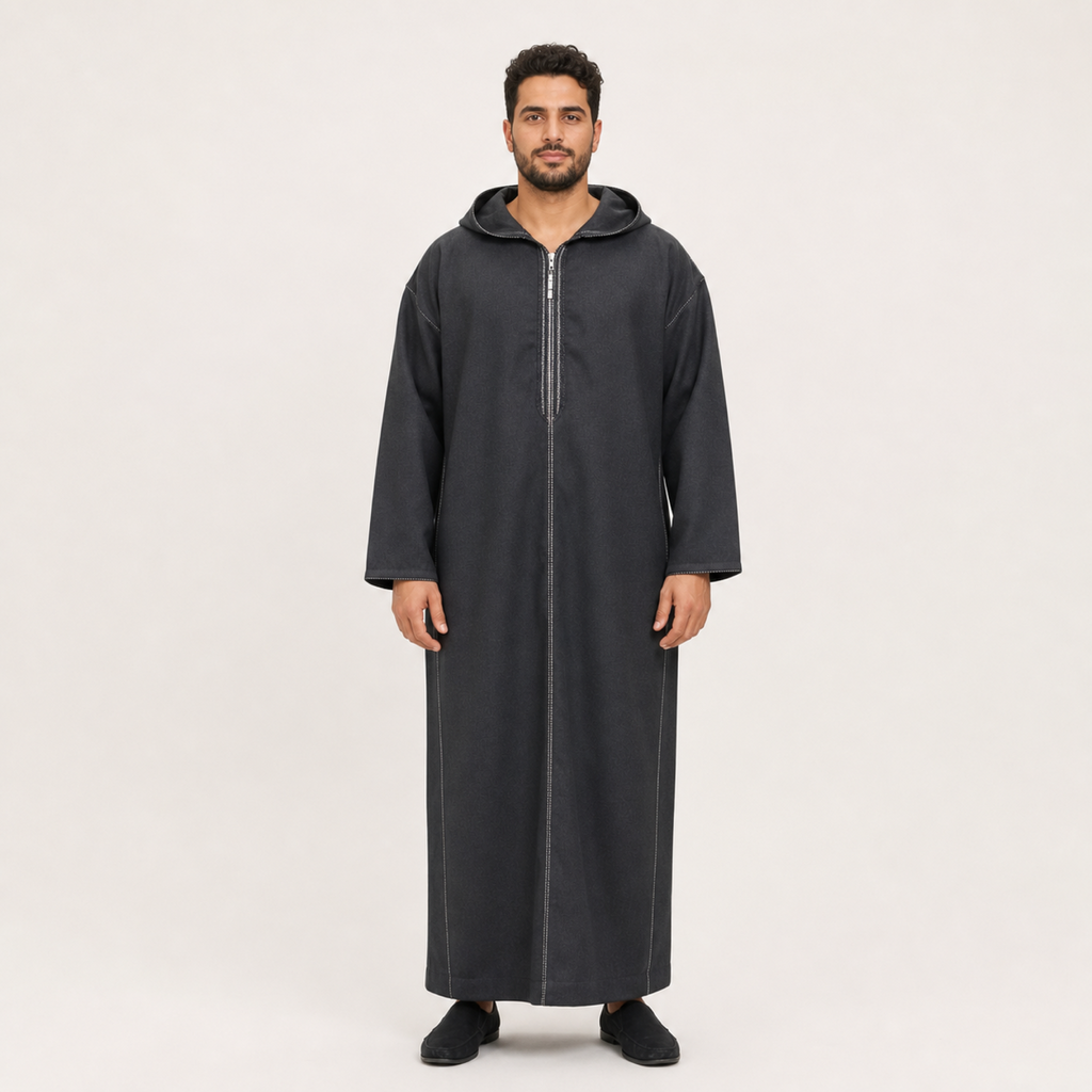 Marrakech Charcoal Hooded Thobe on model — House Hamlouchi