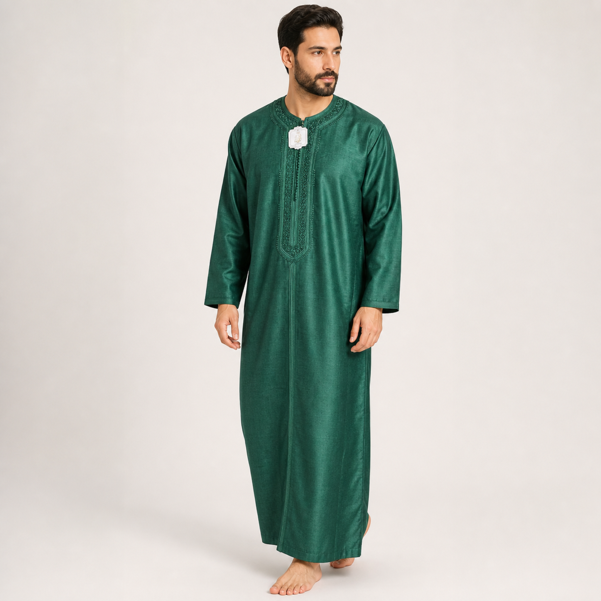 Emerald Embroidered Moroccan Thobe on model — House Hamlouchi