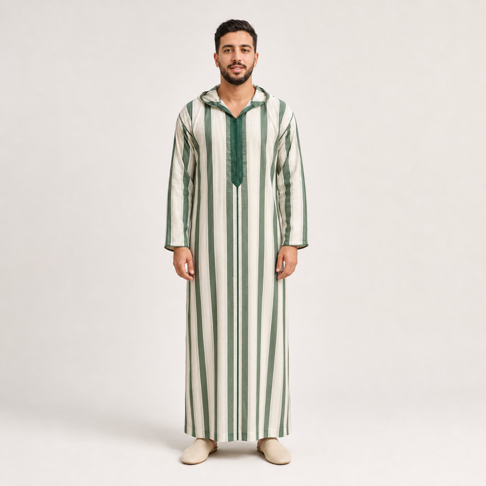 Fès Green Striped Hooded Thobe on model — House Hamlouchi