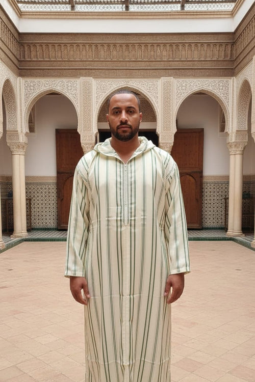 Man wearing a cream and sage striped hooded Moroccan thobe