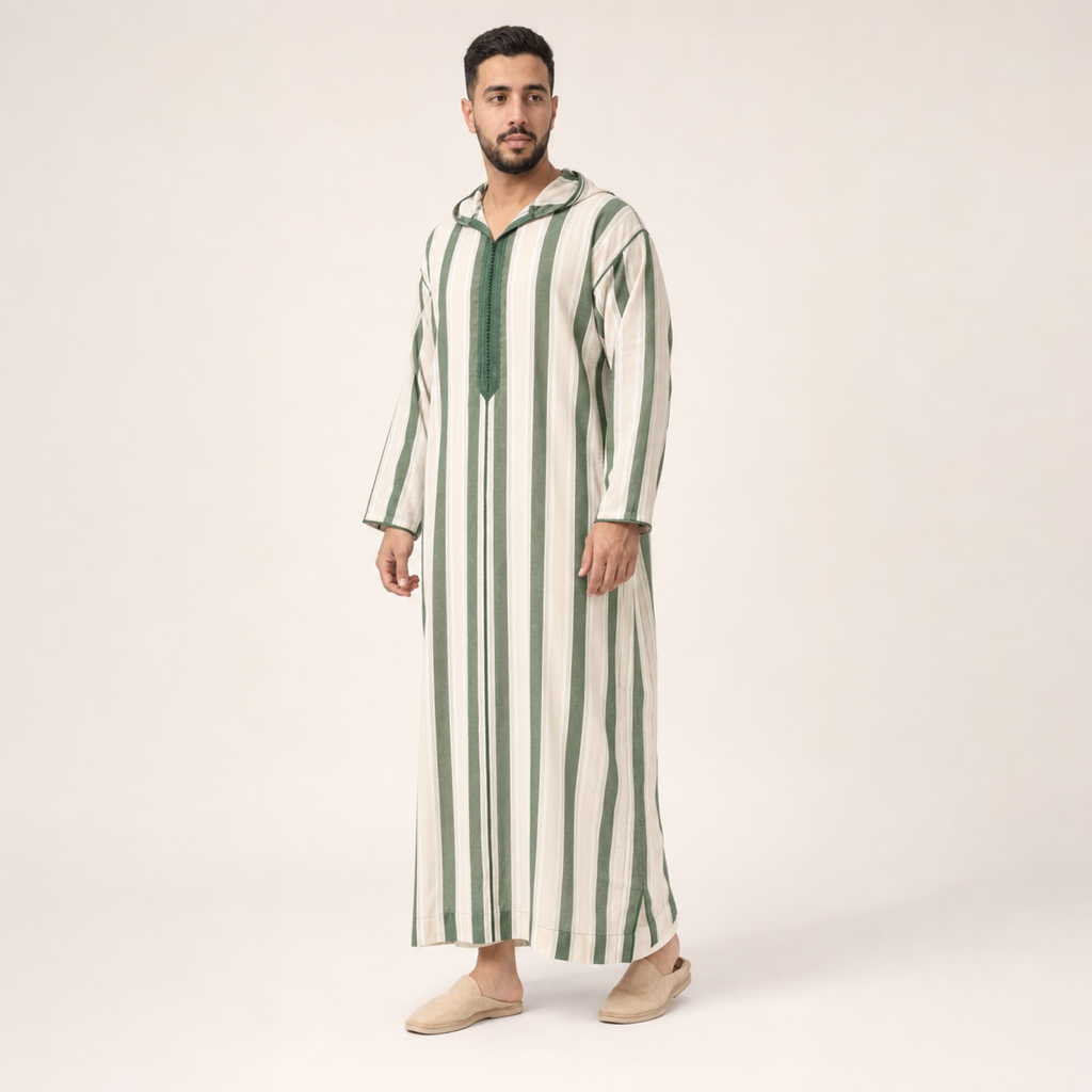 Fès Green Striped Hooded Thobe on model — House Hamlouchi