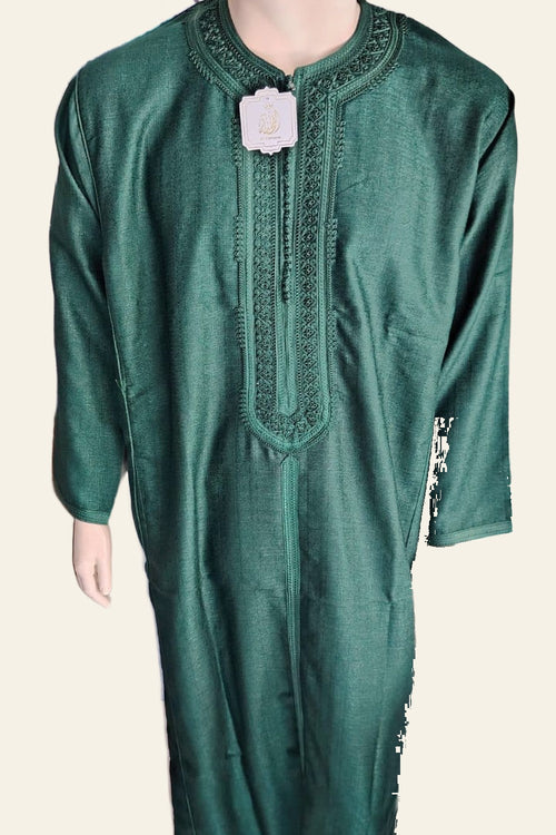 Emerald green embroidered Moroccan thobe on a clean background