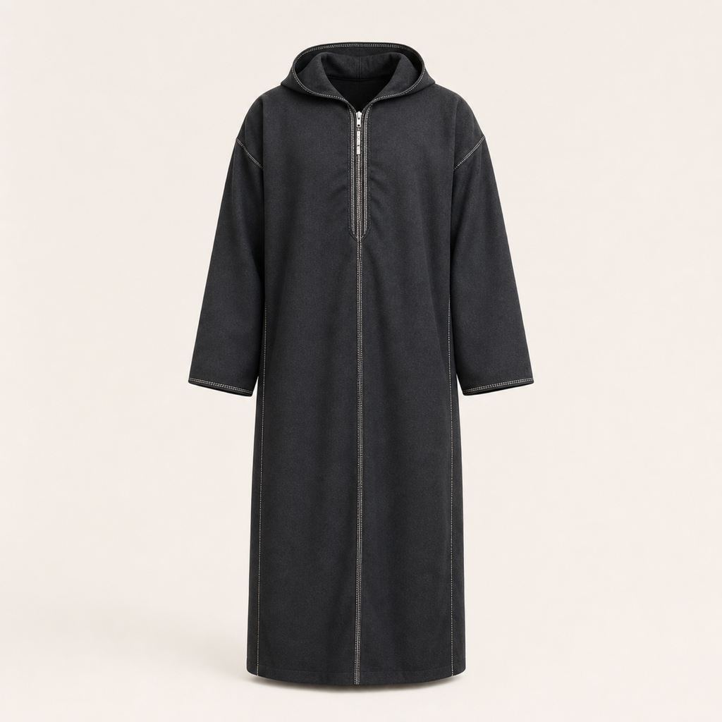 Marrakech Charcoal Hooded Thobe — House Hamlouchi