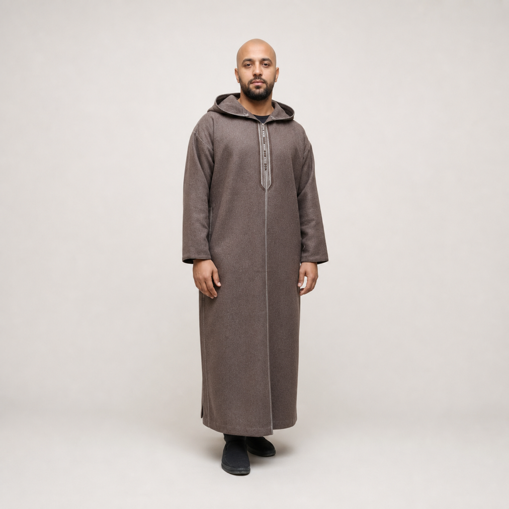 Sahara Cocoa Hooded Thobe on model — House Hamlouchi