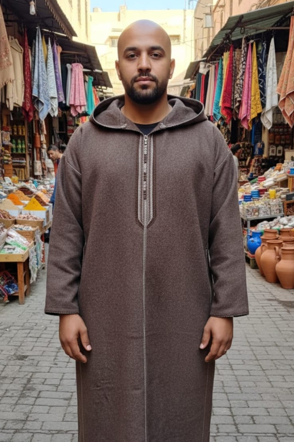 Man wearing a cocoa brown hooded Moroccan thobe
